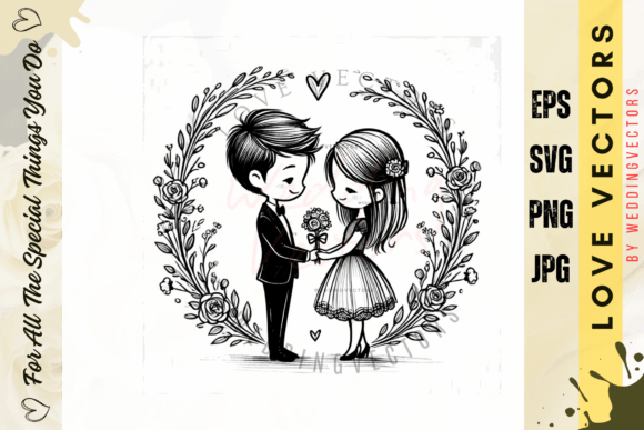 The Soft Whimsy of Wedding Couple and Love Vectors - C3209