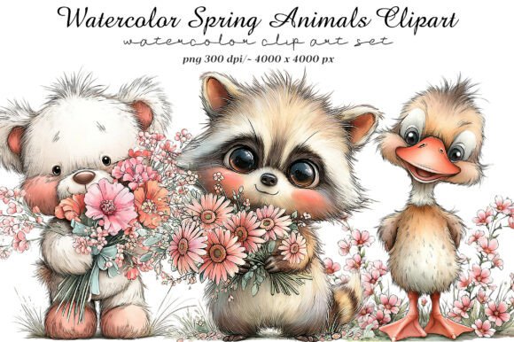 Watercolor Spring Animals Clipart: Fresh & Whimsical Design Assets